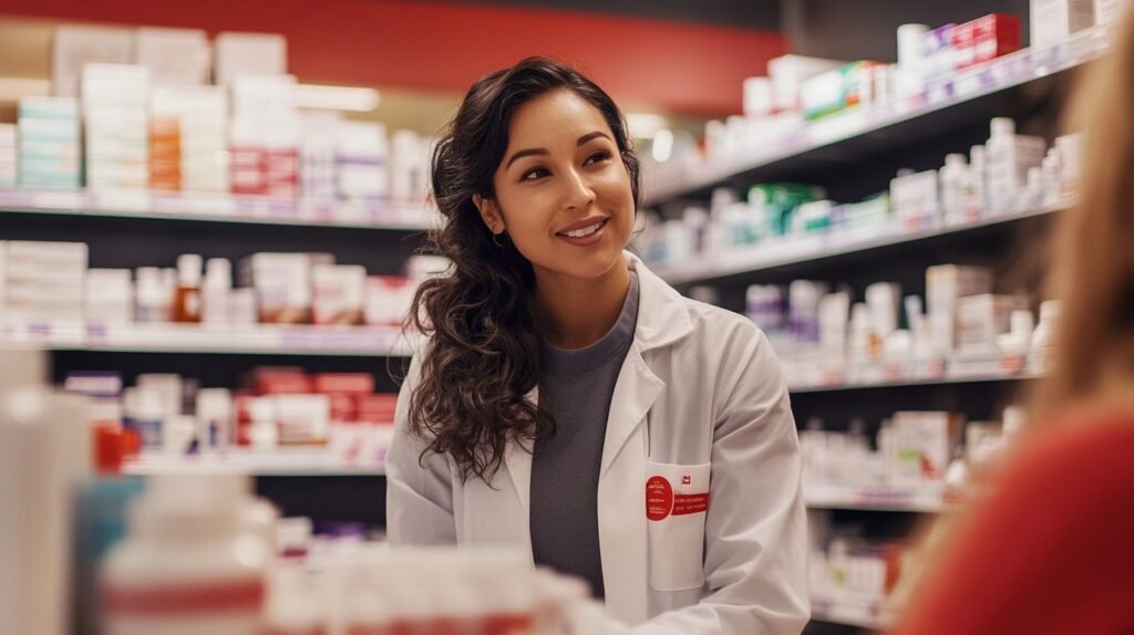 Pharmacist advising customer