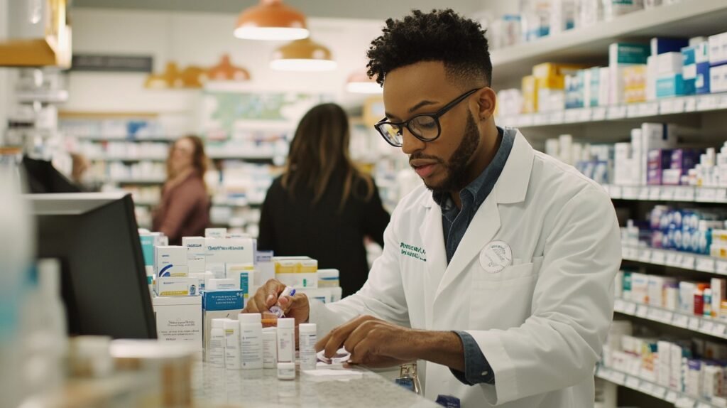 Pharmacist organizing medications