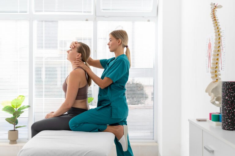young woman doctor chiropractor osteopath fixing womans back
