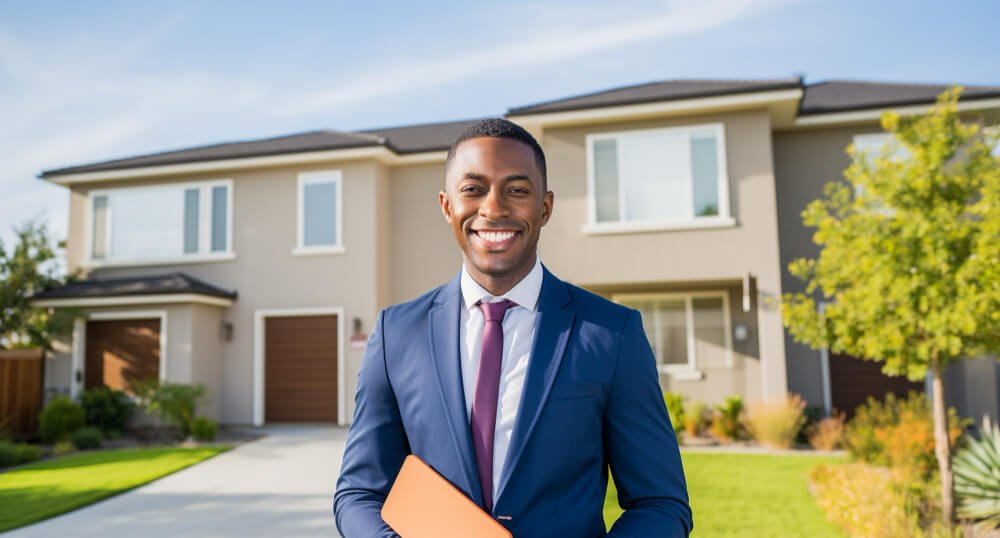 real estate agent standing infront of a house