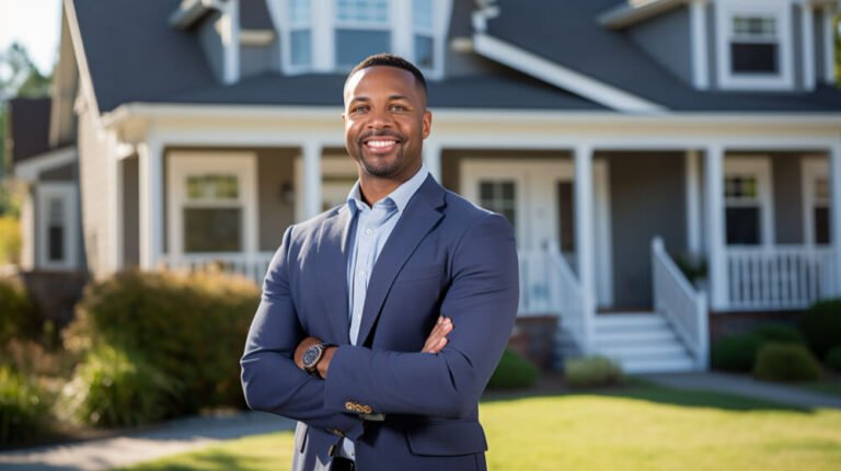 Estate agent standing in front of a house