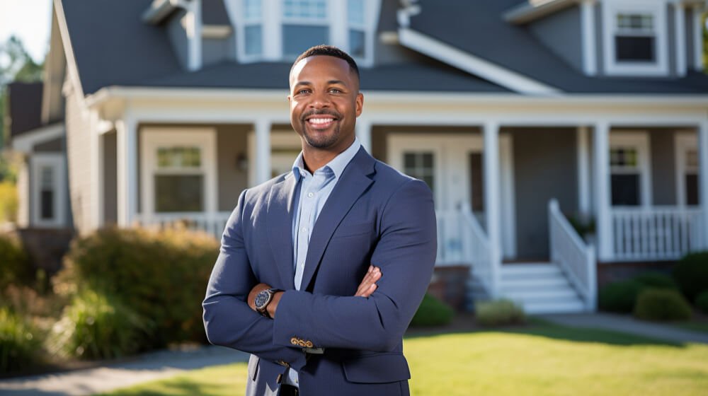 Estate agent standing in front of a house
