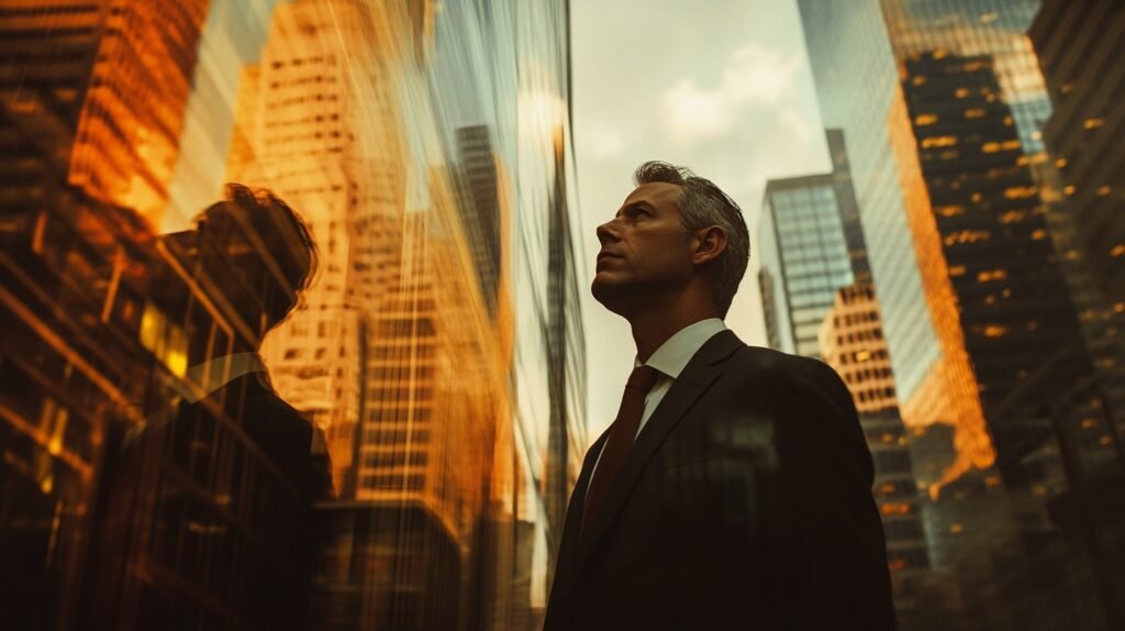 man looking at the skyscriper