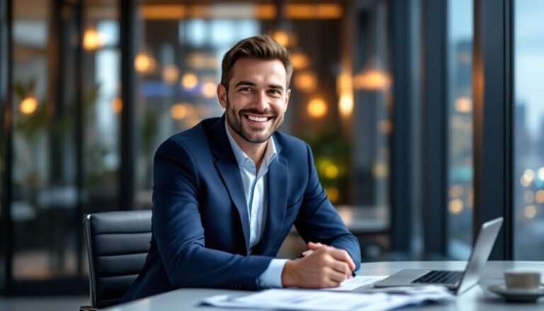 smiling guy sitting behind a laptop
