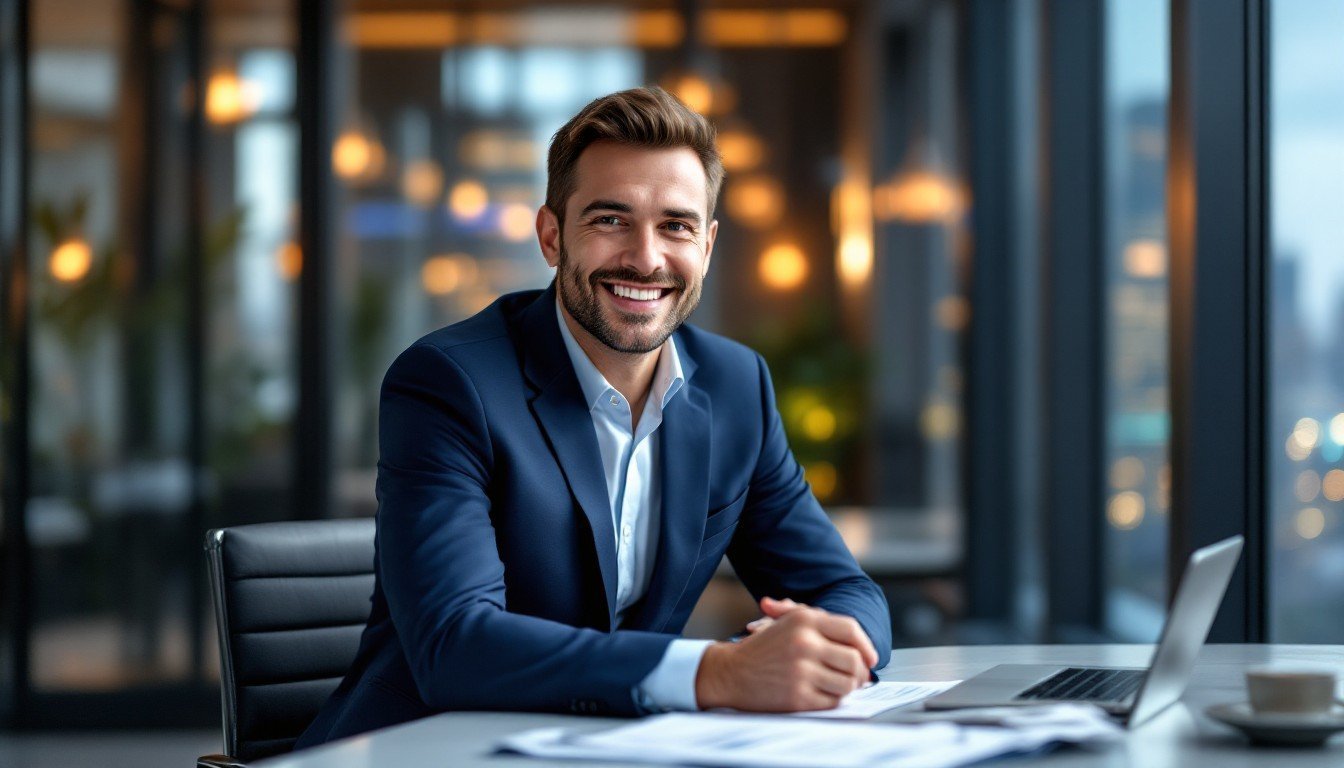 smiling guy sitting behind a laptop