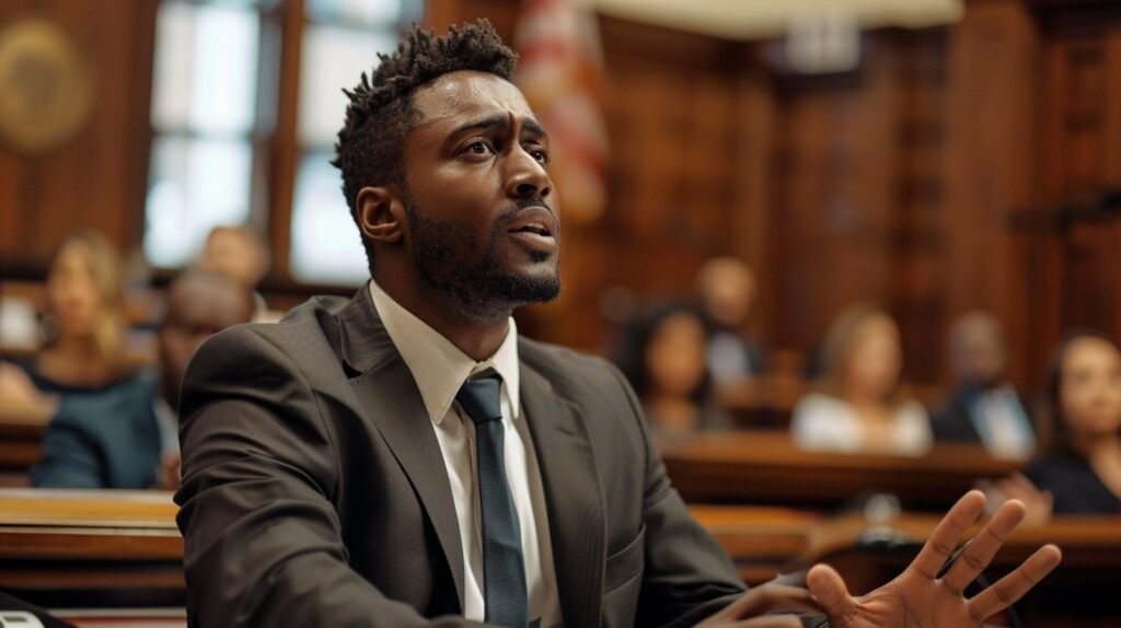 lawyer in a courtroom speaking