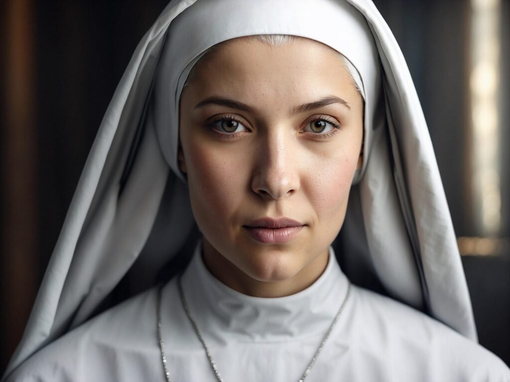 nun looking at the camera