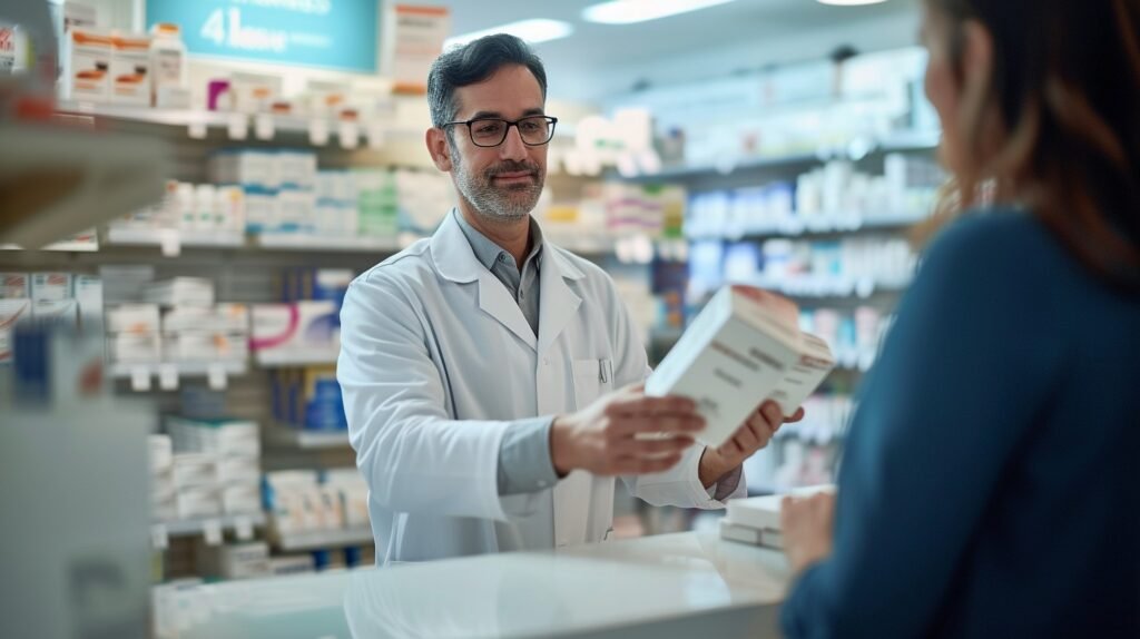 pharmacist giving a customer some meds